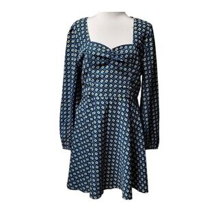 NWT Teal Mini Dress Mod Rockabilly Long Sleeve Smocked Back Twee Retro Size L